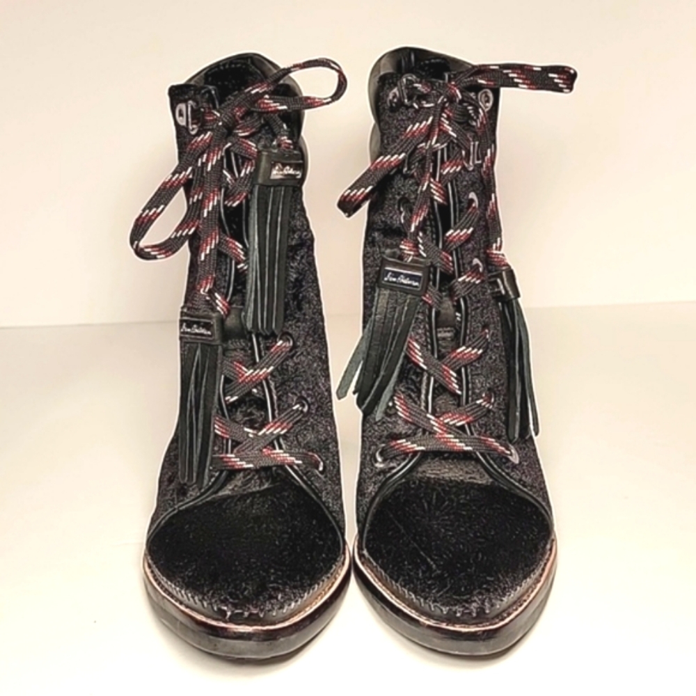Sam Edelman Sondra Ankle Boots Booties Heels Shoe Lace-up Leather Black Velvet 8 - Picture 3 of 15